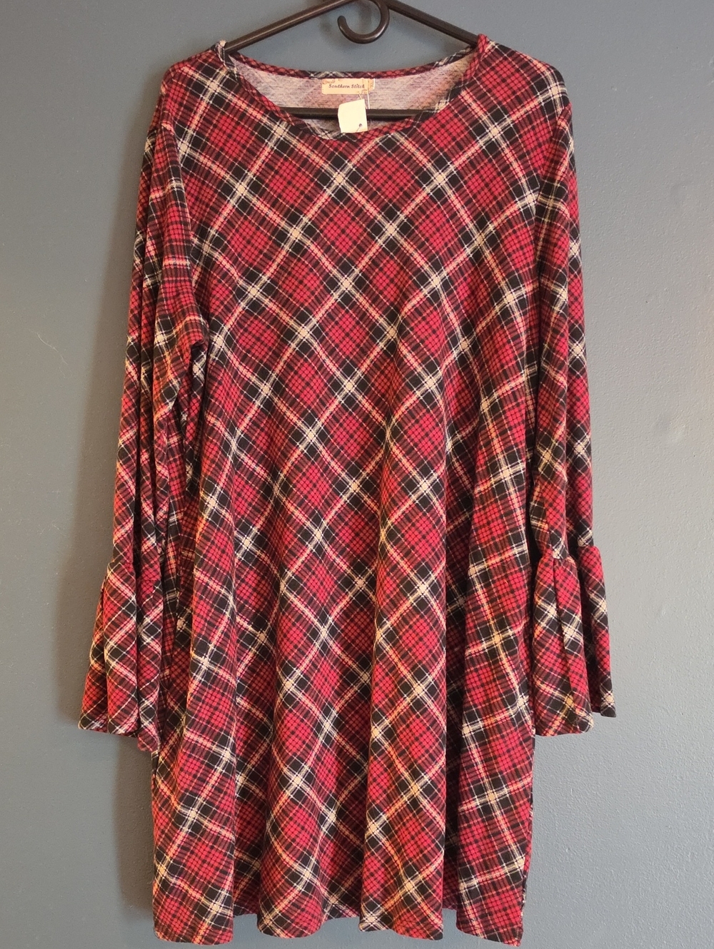 Womens Red Plaid Bell Sleeve Dress